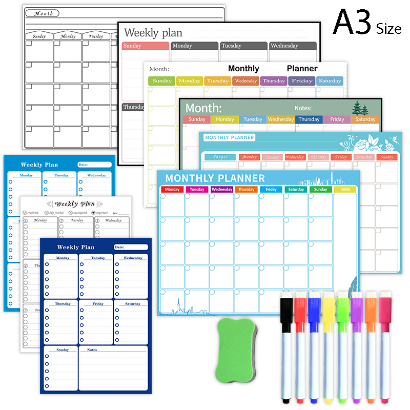 Magnetic Whiteboard Calendar - แม่เหล็กรายสัปดาห์รายเดือนปฏิทินตารางแห้งไวท์บอร์ดตู้เย็นสติกเกอร์กระดานข้อความ A3 ขนาด