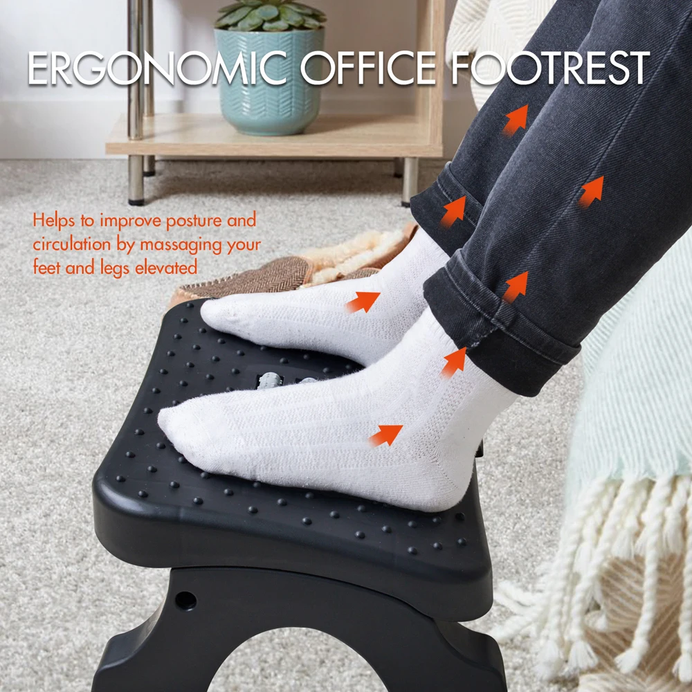 Office Furniture For Sale - ที่วางเท้าใต้โต๊ะตามหลักสรีรศาสตร์พร้อมลูกกลิ้งนวด รองรับน้ำหนักได้ 120 ปอนด์ ปรับความสูงได้ บรรเทาอาการปวดสำหรับสำนักงานและที่บ้าน