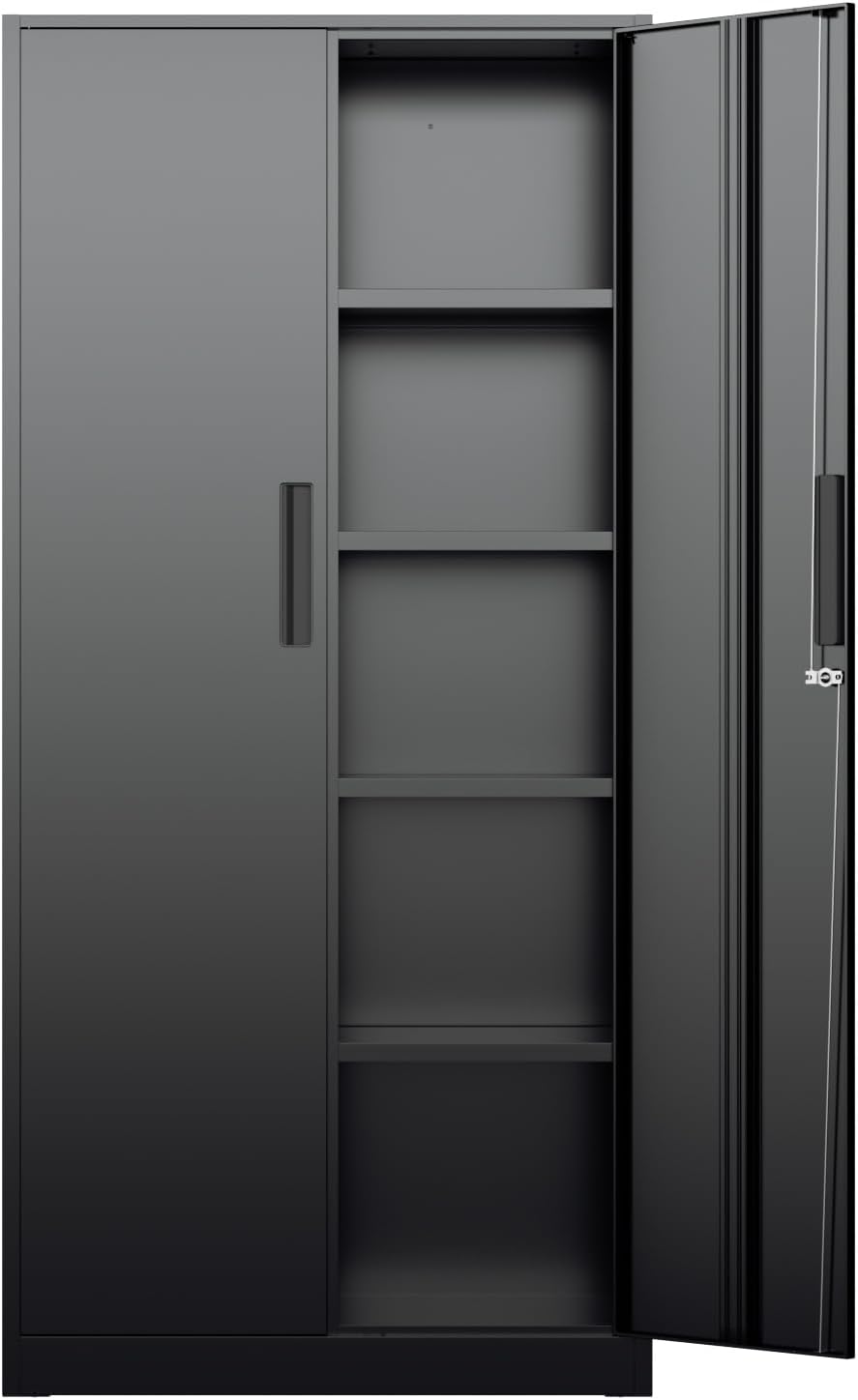 Locker Storage Metal - ตู้เก็บของโลหะสูง, ตู้เก็บของอเนกประสงค์แบบมีล็อคพร้อมชั้นวางปรับระดับได้สี่ชั้น, ตู้เก็บของแบบตั้งพื้นสำหรับคลังสินค้า บ้าน และสำนักงาน, เฟอร์นิเจอร์สีดำทันสมัย