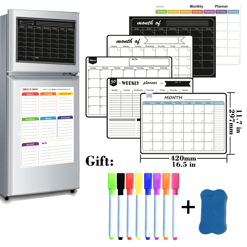 Magnetic Whiteboard Calendar - A3 ขนาดแม่เหล็กรายเดือนรายสัปดาห์ Dry Erase ไวท์บอร์ดปฏิทินตารางกระดานดําตู้เย็นสติกเกอร์ข้อความเมนู