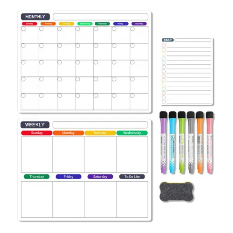 Magnetic Whiteboard Calendar - กระดานวางแผนรายสัปดาห์/รายเดือนแบบแม่เหล็ก กระดานไวท์บอร์ดสองด้านสำหรับติดตู้เย็น/สำนักงาน ใช้จัดตารางงานประจำวัน พร้อมปากกาและยางลบ