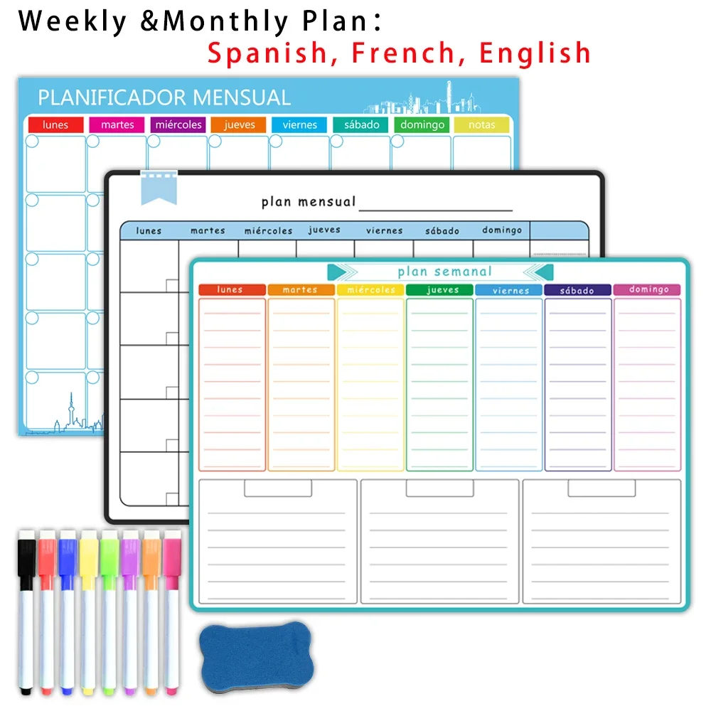 Magnetic Whiteboard Calendar - A3 ขนาดแม่เหล็กรายสัปดาห์และรายเดือน: สเปน, ฝรั่งเศส, อังกฤษ. ปฏิทินสติกเกอร์ตู้เย็นไวท์บอร์ดแบบลบแห้ง