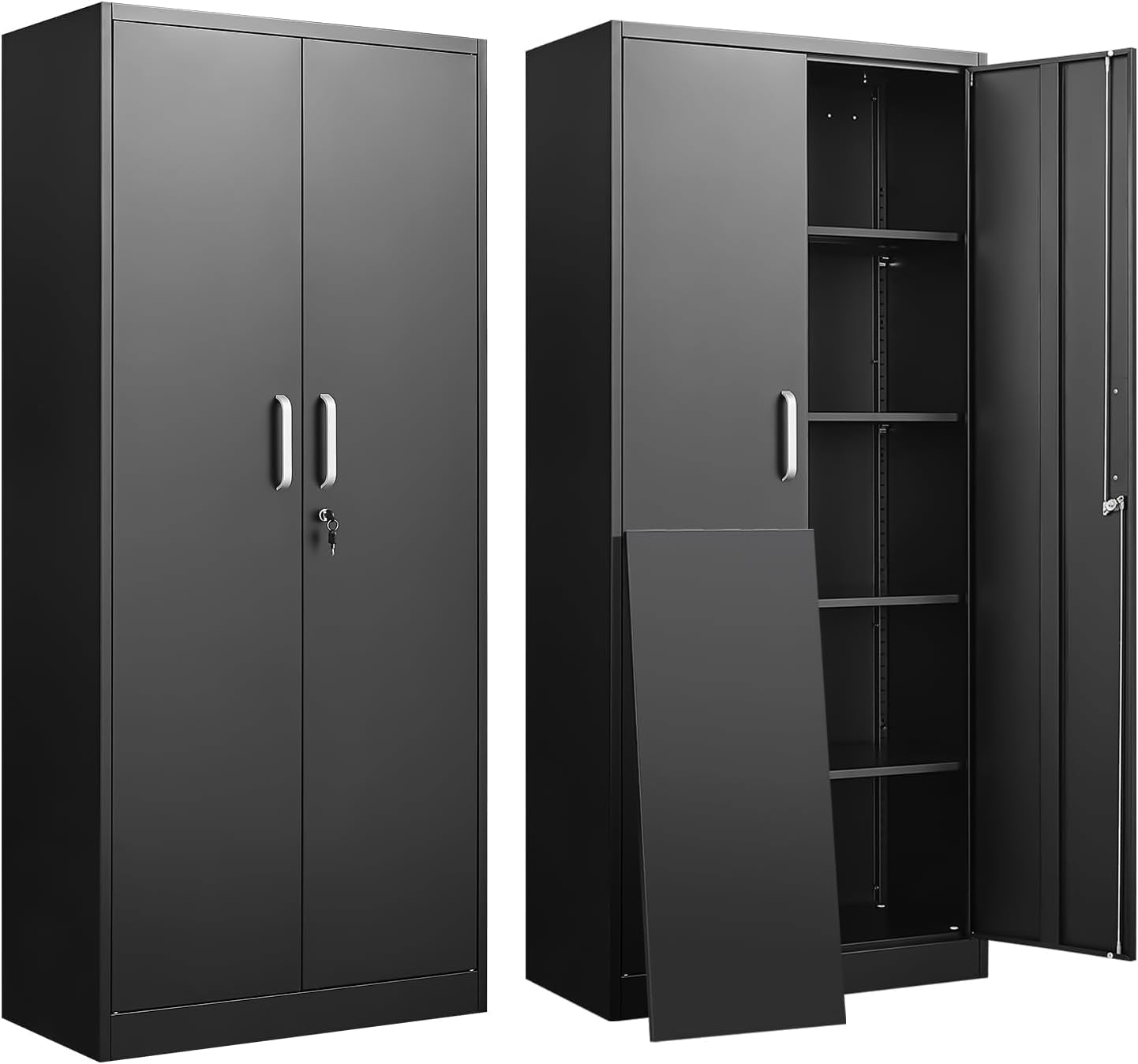 Locker Storage Metal - ตู้เก็บของโลหะพร้อมชั้นวางปรับระดับได้ ตู้เก็บของในโรงรถสีดำพร้อมประตูและชั้นวาง ชั้นวางเอกสารความจุสูงสำหรับโฮมออฟฟิศ ตู้เก็บของในครัวทรงสูง ตู้เก็บของอเนกประสงค์